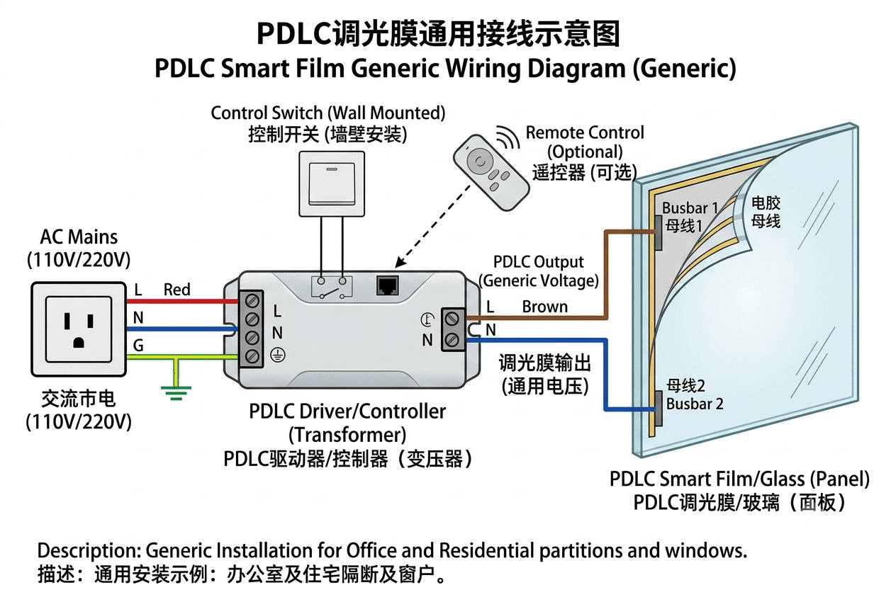 PDLC smart film wiring diagram showing transformer, power supply, switch, and electrical connection for switchable privacy glass installation