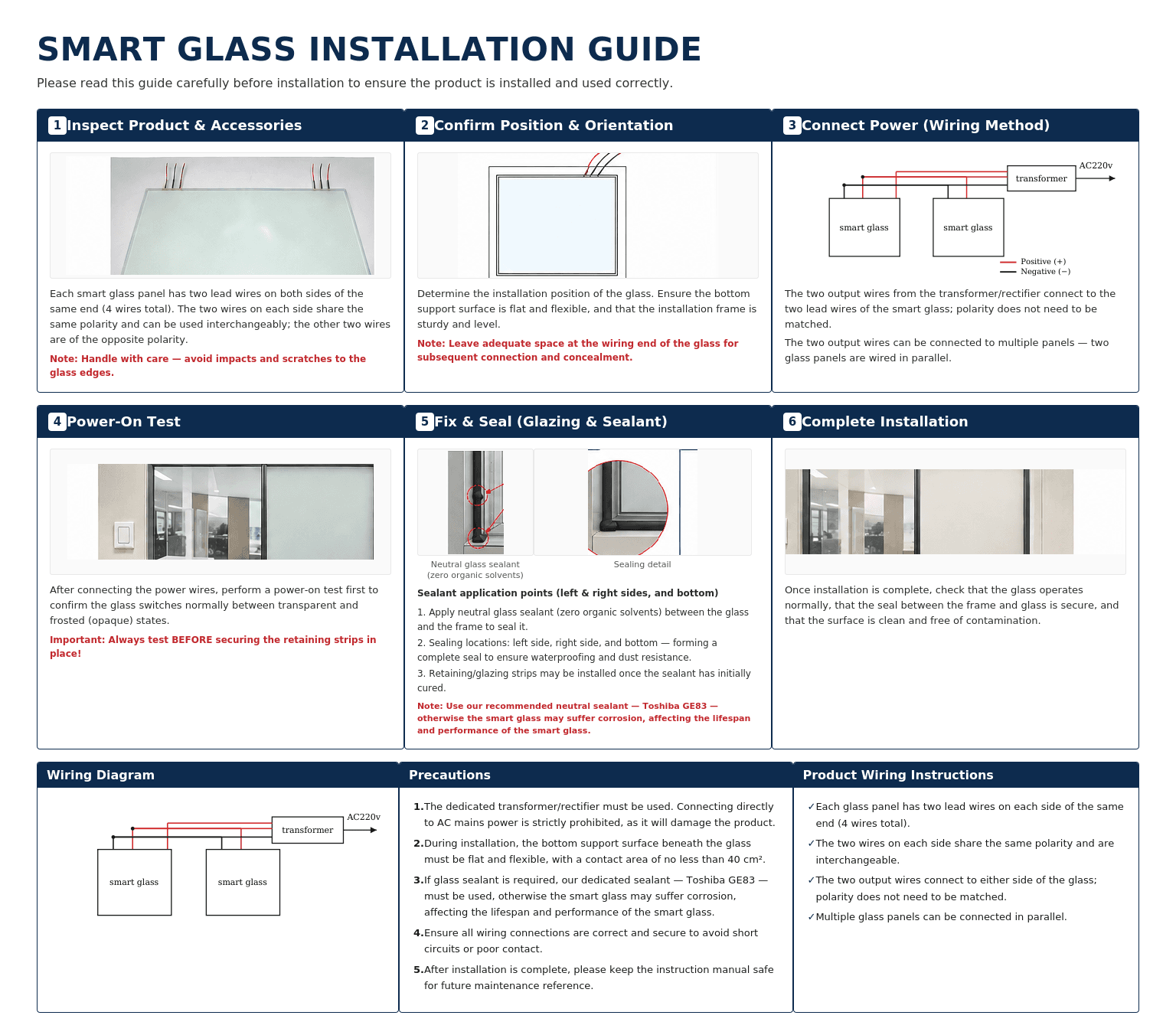 Smart glass installation guide showing PDLC smart film installation process, electrical wiring, and installation precautions